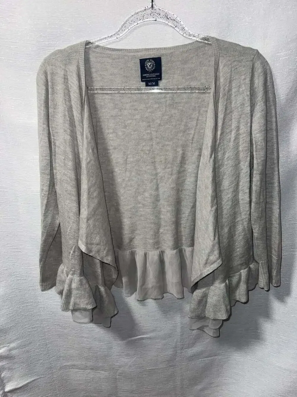 American Eagle Outfitters Gray Open Front Ruffled Hem Cardigan
